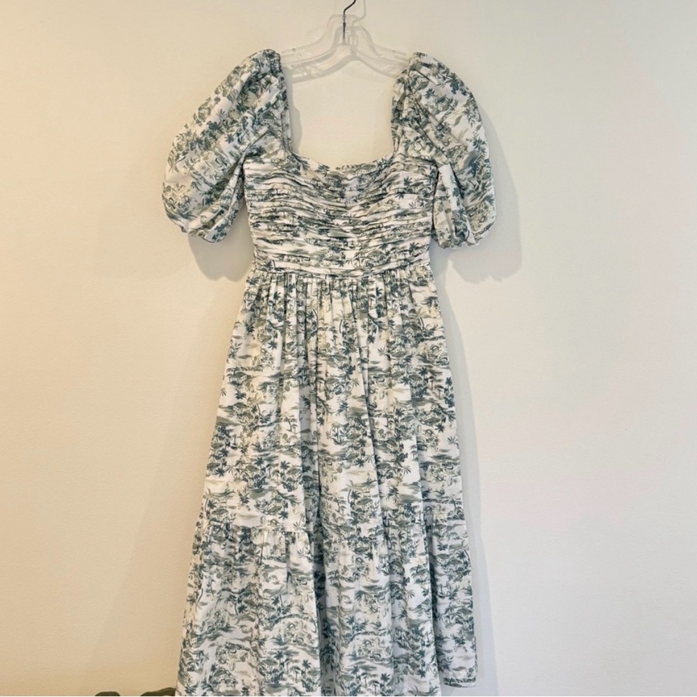 Abercrombie & Fitch Green and White Puff Sleeve Midi Dress
